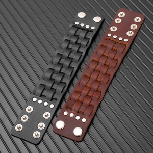 Retro multi-layer wide leather bracelet set in black and brown with metal buckles