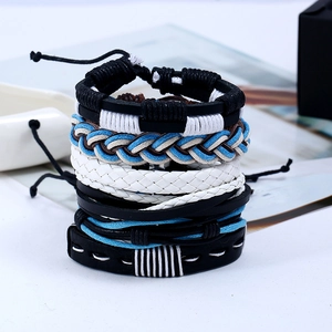 6-teiliges handgefertigtes Lederarmband-Set in Schwarz Blau Weiß mit verstellbarem Seil