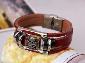 Close-up of red leather layered bracelet featuring an Iron Cross and stainless clasp