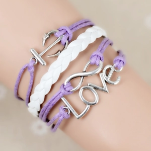 Multilayer purple and white PU leather infinity LOVE anchor wrap bracelet for women