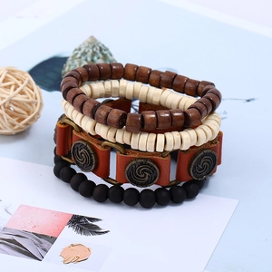 Ensemble de bracelets rétro multicouches avec perles en bois et cuir pour hommes