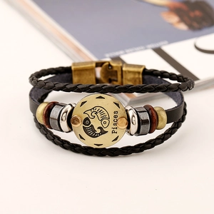 Pisces braided leather bracelet with multi-layer wood beads and bronze metal buckle