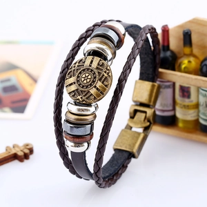 Retro multi-layer braided leather bracelet with vintage bronze charms and metal clasp
