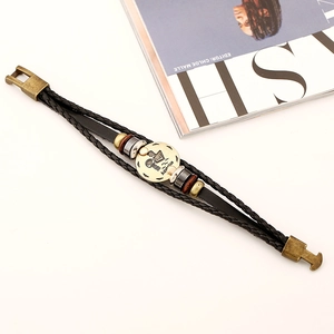 Handmade multilayer Aquarius zodiac leather bracelet with vintage bronze charm