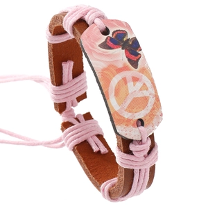 Punk Retro Handmade Braided Leather Bracelet For Women Peace Sign Butterfly Pattern Adjustable Bohemian Jewelry Gift