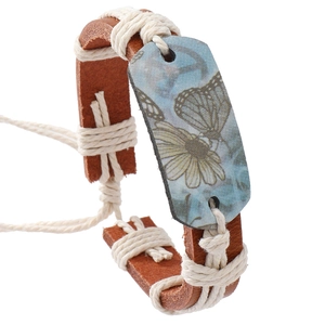 Handmade Woven Cowhide Leather Bracelet For Men Women Retro Bohemian Butterfly Flower Pattern Adjustable Hemp Rope Bangle