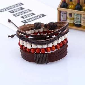 Retro multilayer woven leather bracelet set with brown beads in a bohemian punk style