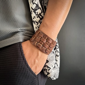 Men's retro multilayer brown woven leather wide bracelet on wrist with matte finish