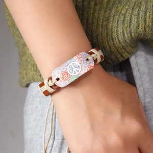 Bracelet en cuir tressé à la main avec fleurs colorées et symbole de paix pour femmes et hommes