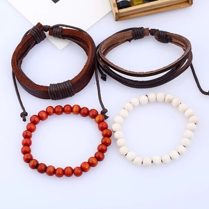 Men's retro 4-piece bracelet set with braided leather and wooden beads on white background