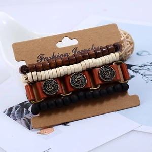 Ensemble DIY de 4 pièces rétro avec bracelet en cuir, perles en bois et alliage