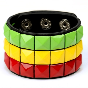 Punk Rock Wide Artificial Leather Bracelet With Three Rows Of Square Pyramid Rivets Adjustable Metal Snaps Unisex Jewelry