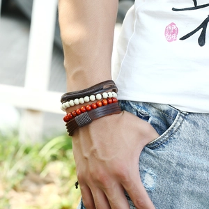 Men's retro layered bracelet set featuring dark brown leather and colorful beads