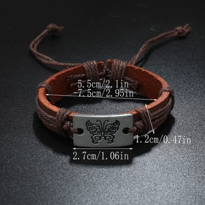 Vintage leather butterfly bracelet with adjustable drawstring and engraved metal plate