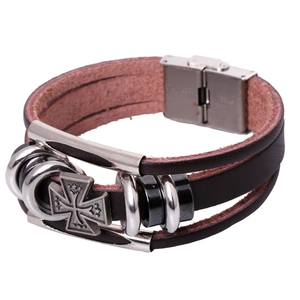 Vintage Multi-layer Genuine Leather Cross Bracelet For Men Women Stainless Steel Buckle Punk Rock Biker Jewelry Wristband