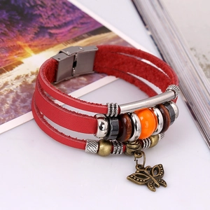 Multilayer red leather punk bracelet featuring metal beads and a butterfly charm with magnetic clasp