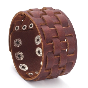 Vintage Punk Multi-layer Leather Bracelet Braided Cattle Hide Wide Cuff Adjustable Metal Snap Bracelet For Men Women