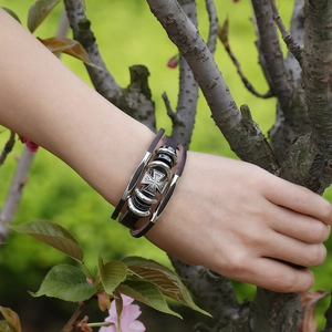 Vintage multilayer brown leather bracelet with silver metal cross charm for men and women