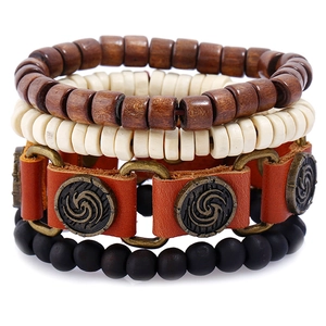 Ensemble Bracelet en Cuir de Vache Vintage Homme Perles de Bois Ethnique Tressé Alliage Corde de Chanvre Ajustable Bijoux Homme
