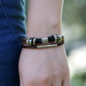 Multilayer leather and rope bracelet for men featuring vintage metal charm and beads