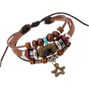 Bracelet Punk Rétro Multicouche en Cuir de Vachette avec Perles pour Hommes Femmes Pendentif Pentagramme Bijoux Ethniques Bohèmes Réglables
