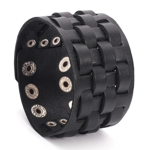 Men's retro multilayer braided black leather cuff bracelet with silver metal eyelets