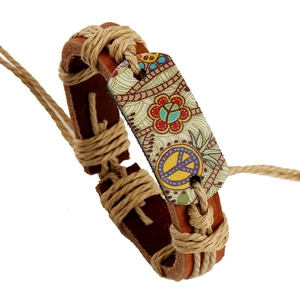 Bracelet en Cuir de Vachette Véritable Tissé Bohémien Motif Floral Signe de Paix Rétro Bracelet en Chanvre Réglable Unisexe
