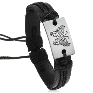 Vintage Unisex Leather Braided Bracelet With Alloy Butterfly Plate Retro Punk Cowhide Adjustable Drawstring Wristband Jewelry