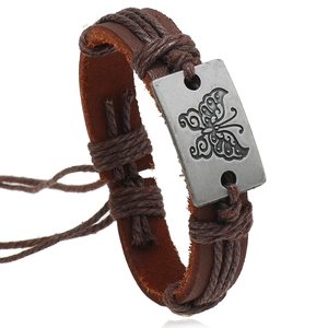 Retro brown woven leather bracelet featuring an adjustable pull-cord and a metal butterfly plate