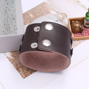 Wide punk double-layered dark brown leather bracelet with silver snap buttons for men