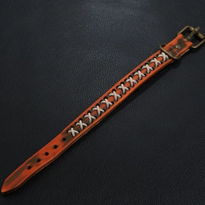 Vintage orange braided leather bracelet for men with bronze buckle and retro stitching