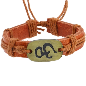 Handmade woven multilayer leather bracelet with bronze Om symbol and adjustable cord