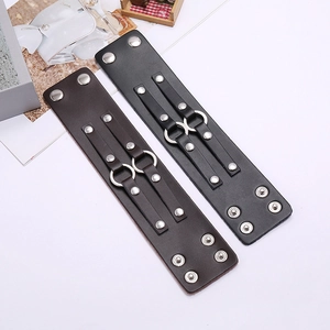 Double-wrap wide leather punk bracelet with silver metal O-rings and rivet studs