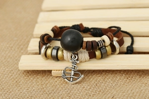 Retro nautical multi-layer leather bracelet with silver anchor pendant and wooden beads