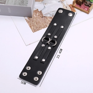 Detail view of 23.4cm punk leather bracelet with metal studs and double ring buckle