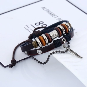 Multilayer braided leather bracelet with wooden beads and vintage alloy dagger pendant