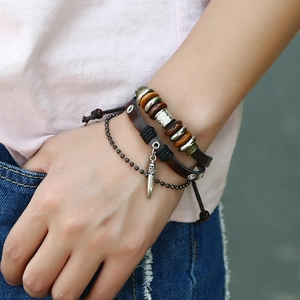 Men's retro multilayer braided leather bracelet with wooden beads and silver metal pendant