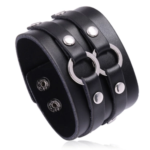 Punk Wide Leather Bracelet For Men Double Loop Split Cowhide Cuff Bracelet O-Ring Rivet Buckle Retro Goth Rock Jewelry