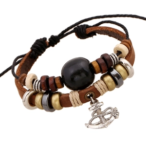 Vintage Multi Layer Cowhide Leather Bracelet For Men Women Handmade Braided Anchor Pendant Boho Punk Wood Bead Wrap Bracelet Jewelry