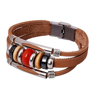 Vintage Multi Layer Cowhide Genuine Leather Bracelet For Men Women Alloy Beads Braided Punk Bohemian Ethnic Hand Jewelry