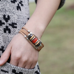 Bohemian multi-layer leather bracelet with red agate beads and silver metal tubes