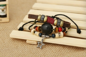 Bohemian multilayer genuine leather bracelet with star pendant and wooden beads