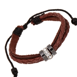 Retro Braided Cowhide Leather Bracelet For Men Women Punk Style Rhinestone Slider Metal Beads Adjustable Drawstring Jewelry