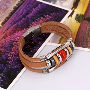 Vintage multi-layer brown leather bracelet with silver metal tube and red bead accent