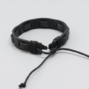 Handmade multilayer black woven leather bracelet with adjustable rope for men and women
