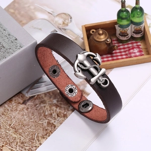 Adjustable dark brown leather bracelet with vintage silver anchor and nautical rope detail