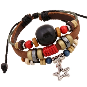 Retro Cowhide Leather Bracelet For Men Women Multilayer Woven Rope Wood Beads Star Pendant Punk Bohemian Jewelry Adjustable