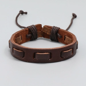 Handmade layered brown leather bracelet with adjustable braided rope in vintage style