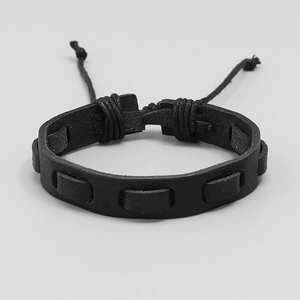 Handmade multilayer black woven leather bracelet with adjustable drawstring for men