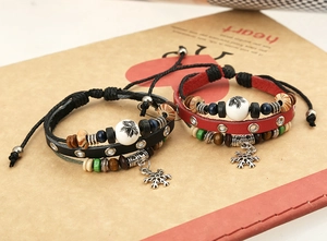 Adjustable multi-layer leather bracelets with wooden beads and snowflake metal charms